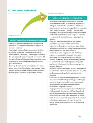 10. EVOLUCIÓN CURRICULAR
HACIA DÓNDE SE AVANZA EN ESTE CURRÍCULO
Se tomaron en cuenta las investigaciones recientes
sobre la enseñanza de la historia; en los programas se
distinguen los contenidos sustantivos o contenidos
de primer orden, que intentan responder a las preguntas:
¿qué?, ¿quién?, ¿cuándo? y ¿dónde?, y los contenidos
estratégicos o de segundo orden que están relacionados
con habilidades del historiador, la búsqueda, selección
y tratamiento de fuentes históricas o la perspectiva
histórica.
Existe una reducción de contenidos que favorece
profundizar en procesos históricos relevantes.
Se promueve el trabajo con fuentes y el desarrollo del
pensamiento histórico para favorecer en los estudiantes
el desarrollo de una conciencia histórica.
La estructura de los programas es más ﬂexible y se
organiza en cinco ejes temáticos; por primera vez
se aborda el eje “Construcción del conocimiento
histórico”, que es de carácter procedimental y permite
un acercamiento a la metodología de investigación
que tiene el historiador, revisando temáticas que son
cercanas al alumno.
“Construcción del conocimiento histórico” favorece que
los estudiantes entren en contacto con el tipo de fuentes
con las que van a interpretar los acontecimientos
históricos.
Como parte de la estructura de los programas, cada eje
inicia con el tema “Pasado-presente”, que contribuye a
una mejor comprensión de los fenómenos actuales.
Se incluye en los programas los conceptos que
caracterizan cada proceso histórico.
Los programas incorporan la propuesta de trabajo con
Unidades para la Construcción del Aprendizaje (UCA)
para desarrollar ejercicios de investigación histórica a
partir del uso de fuentes, de la elaboración de mapas,
líneas de tiempo, lectura de fragmentos de documentos,
entre otras cosas; esto permitirá que los alumnos
tengan una participación más activa en el proceso de
aprendizaje.
Cimentar logros
Afrontar nuevos retos
ASPECTOS DEL CURRÍCULO ANTERIOR QUE PERMANECEN
Se prioriza el estudio de una historia formativa que
contribuya a la comprensión temporal y espacial de
sucesos y procesos.
Se privilegia el desarrollo del pensamiento histórico.
El enfoque didáctico se centra en el desarrollo de
conocimientos, habilidades y actitudes para fortalecer
las capacidades de los alumnos en la Comprensión del
tiempo y el espacio históricos, el Manejo de información
histórica y la Formación de una conciencia histórica
para la convivencia.
El trabajo de planeación y evaluación docente cuenta
con el referente de Aprendizajes esperados que acotan
y guían al profesor para el tratamiento del contenido.
Contribuye a la formación integral de los alumnos.
417
 