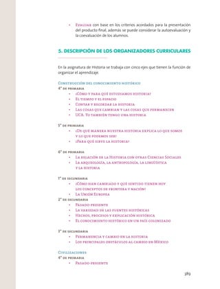 con base en los criterios acordados para la presentación
del producto ﬁnal; además se puede considerar la autoevaluación y
la coevaluación de los alumnos.
5. DESCRIPCIÓN DE LOS ORGANIZADORES CURRICULARES
En la asignatura de Historia se trabaja con cinco ejes que tienen la función de
organizar el aprendizaje.
Construcción del conocimiento histórico
4° de primaria
5° de primaria
6° de primaria
1° de secundaria
2° de secundaria
3° de secundaria
Civilizaciones
4° de primaria
389
 