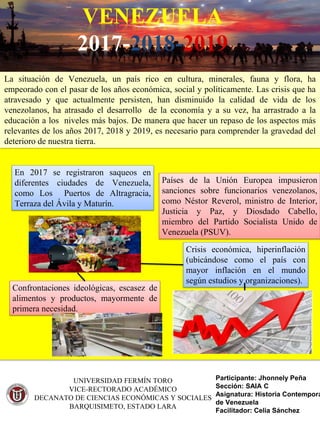 La situación de Venezuela, un país rico en cultura, minerales, fauna y flora, ha
empeorado con el pasar de los años económica, social y políticamente. Las crisis que ha
atravesado y que actualmente persisten, han disminuido la calidad de vida de los
venezolanos, ha atrasado el desarrollo de la economía y a su vez, ha arrastrado a la
educación a los niveles más bajos. De manera que hacer un repaso de los aspectos más
relevantes de los años 2017, 2018 y 2019, es necesario para comprender la gravedad del
deterioro de nuestra tierra.
Participante: Jhonnely Peña
Sección: SAIA C
Asignatura: Historia Contemporá
de Venezuela
Facilitador: Celia Sánchez
En 2017 se registraron saqueos en
diferentes ciudades de Venezuela,
como Los Puertos de Altragracia,
Terraza del Ávila y Maturín.
UNIVERSIDAD FERMÍN TORO
VICE-RECTORADO ACADÉMICO
DECANATO DE CIENCIAS ECONÓMICAS Y SOCIALES
BARQUISIMETO, ESTADO LARA
Crisis económica, hiperinflación
(ubicándose como el país con
mayor inflación en el mundo
según estudios y organizaciones).
Confrontaciones ideológicas, escasez de
alimentos y productos, mayormente de
primera necesidad.
VENEZUELA
2017-2018-2019
Países de la Unión Europea impusieron
sanciones sobre funcionarios venezolanos,
como Néstor Reverol, ministro de Interior,
Justicia y Paz, y Diosdado Cabello,
miembro del Partido Socialista Unido de
Venezuela (PSUV).
 