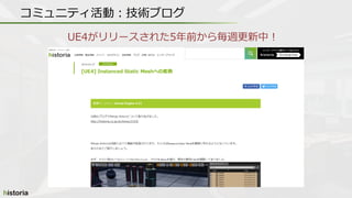 コミュニティ活動：技術ブログ
UE4がリリースされた5年前から毎週更新中！
 