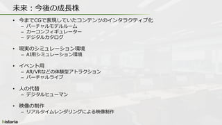 • 今までCGで表現していたコンテンツのインタラクティブ化
– バーチャルモデルルーム
– カーコンフィギュレーター
– デジタルカタログ
• 現実のシミュレーション環境
– AI用シミュレーション環境
• イベント用
– AR/VRなどの体験型アトラクション
– バーチャルライブ
• 人の代替
– デジタルヒューマン
• 映像の制作
– リアルタイムレンダリングによる映像制作
未来：今後の成長株
 