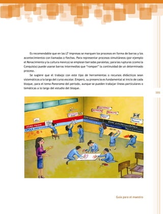 Es recomendable que en las LT impresas se marquen los procesos en forma de barras y los
acontecimientos con llamadas o flechas. Para representar procesos simultáneos (por ejemplo
el Renacimiento y la cultura mexica) se emplean barradas paralelas; para las rupturas (como la
Conquista) puede usarse barras intermedias que “rompan” la continuidad de un determinado
proceso.
Se sugiere que el trabajo con este tipo de herramientas o recursos didácticos sean
sistemáticos a lo largo del curso escolar. Empero, su presencia es fundamental al inicio de cada
bloque, para el tema Panorama del periodo, aunque se pueden trabajar líneas particulares o
temáticas a lo largo del estudio del bloque.

101

Guía para el maestro

 