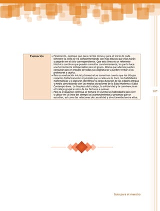 Evaluación

•	Finalmente, explique que para ciertos temas y para el inicio de cada
bimestre la línea se irá complementando con más dibujos que ellos harán
y pegarán en el sitio correspondiente. Que esta línea es un referente
histórico continuo que pueden consultar constantemente, lo que la hace
una herramienta indispensable para el grupo. Misma que además pueden
consultar para el estudio de todas sus asignaturas y pueden invitar a los
profesores a usarla.
•	Para su evaluación inicial y bimestral se tomará en cuenta que los dibujos
respeten históricamente el periodo que a cada uno le tocó, las habilidades
matemáticas y si lograron identificar la larga duración de las edades Antigua
y Media contrastando con las medias duraciones de la Edad Moderna y Edad
Contemporánea. La limpieza del trabajo, la solidaridad y la convivencia en
el trabajo grupal es otro de los factores a evaluar.
•	Para la evaluación continua se tomará en cuenta las habilidades para leer
y ubicar en la línea del tiempo los acontecimientos y procesos que se
estudian, así como las relaciones de casualidad y simultaneidad entre ellos.

	

Guía para el maestro

107

 