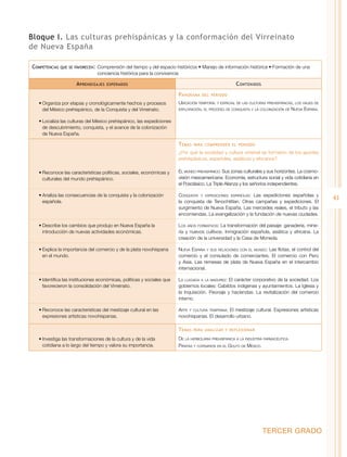 Bloque I. Las culturas prehispánicas y la conformación del Virreinato
de Nueva España
Competencias

que se favorecen:	 Comprensión

del tiempo y del espacio históricos • Manejo de información histórica • Formación de una
conciencia histórica para la convivencia

A prendizajes

C ontenidos

esperados

P anorama
•	Organiza por etapas y cronológicamente hechos y procesos
del México prehispánico, de la Conquista y del Virreinato.

del periodo

Ubicación temporal y espacial de las culturas prehispánicas, los viajes de
exploración, el proceso de conquista y la colonización de Nueva España.

•	Localiza las culturas del México prehispánico, las expediciones
de descubrimiento, conquista, y el avance de la colonización
de Nueva España.

T emas

para comprender el periodo

¿Por qué la sociedad y cultura virreinal se formaron de los aportes
prehispánicos, españoles, asiáticos y africanos?
•	Reconoce las características políticas, sociales, económicas y
culturales del mundo prehispánico.

El mundo prehispánico: Sus zonas culturales y sus horizontes. La cosmovisión mesoamericana. Economía, estructura social y vida cotidiana en
el Posclásico. La Triple Alianza y los señoríos independientes.

•	Analiza las consecuencias de la conquista y la colonización
española.

Conquista y expediciones españolas: Las expediciones españolas y
la conquista de Tenochtitlan. Otras campañas y expediciones. El
surgimiento de Nueva España. Las mercedes reales, el tributo y las
encomiendas. La evangelización y la fundación de nuevas ciudades.

•	Describe los cambios que produjo en Nueva España la
introducción de nuevas actividades económicas.

Los años formativos: La transformación del paisaje: ganadería, minería y nuevos cultivos. Inmigración española, asiática y africana. La
creación de la universidad y la Casa de Moneda.

•	Explica la importancia del comercio y de la plata novohispana
en el mundo.

Nueva España y sus relaciones con el mundo: Las flotas, el control del
comercio y el consulado de comerciantes. El comercio con Perú
y Asia. Las remesas de plata de Nueva España en el intercambio
internacional.

•	Identifica las instituciones económicas, políticas y sociales que
favorecieron la consolidación del Virreinato.

La llegada a la madurez: El carácter corporativo de la sociedad. Los
gobiernos locales: Cabildos indígenas y ayuntamientos. La Iglesia y
la Inquisición. Peonaje y haciendas. La revitalización del comercio
interno.

•	Reconoce las características del mestizaje cultural en las
expresiones artísticas novohispanas.

Arte y cultura temprana: El mestizaje cultural. Expresiones artísticas
novohispanas. El desarrollo urbano.

T emas
•	Investiga las transformaciones de la cultura y de la vida
cotidiana a lo largo del tiempo y valora su importancia.

para analizar y reflexionar

De la herbolaria prehispánica a la industria farmacéutica.
Piratas y corsarios en el Golfo de México.

TERCER GRADO

41

 