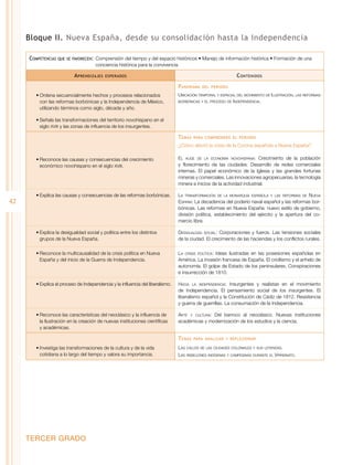 Bloque II. Nueva España, desde su consolidación hasta la Independencia
Competencias

que se favorecen:	 Comprensión

del tiempo y del espacio históricos • Manejo de información histórica • Formación de una
conciencia histórica para la convivencia

A prendizajes

C ontenidos

esperados

P anorama
•	Ordena secuencialmente hechos y procesos relacionados
con las reformas borbónicas y la Independencia de México,
utilizando términos como siglo, década y año.

del periodo

Ubicación temporal y espacial del movimiento de Ilustración, las reformas
borbónicas y el proceso de Independencia.

•	Señala las transformaciones del territorio novohispano en el
siglo XVIII y las zonas de influencia de los insurgentes.

T emas

para comprender el periodo

¿Cómo afectó la crisis de la Corona española a Nueva España?
•	Reconoce las causas y consecuencias del crecimiento
económico novohispano en el siglo XVIII.

42

El auge de la economía novohispana: Crecimiento de la población
y florecimiento de las ciudades. Desarrollo de redes comerciales
internas. El papel económico de la Iglesia y las grandes fortunas
mineras y comerciales. Las innovaciones agropecuarias, la tecnología
minera e inicios de la actividad industrial.

•	Explica las causas y consecuencias de las reformas borbónicas.

La transformación de la monarquía española y las reformas de Nueva
España: La decadencia del poderío naval español y las reformas borbónicas. Las reformas en Nueva España: nuevo estilo de gobierno,
división política, establecimiento del ejército y la apertura del comercio libre.

•	Explica la desigualdad social y política entre los distintos
grupos de la Nueva España.

Desigualdad social: Corporaciones y fueros. Las tensiones sociales
de la ciudad. El crecimiento de las haciendas y los conflictos rurales.

•	Reconoce la multicausalidad de la crisis política en Nueva
España y del inicio de la Guerra de Independencia.

La crisis política: Ideas ilustradas en las posesiones españolas en
América. La invasión francesa de España. El criollismo y el anhelo de
autonomía. El golpe de Estado de los peninsulares. Conspiraciones
e insurrección de 1810.

•	Explica el proceso de Independencia y la influencia del liberalismo.

Hacia la independencia: Insurgentes y realistas en el movimiento
de Independencia. El pensamiento social de los insurgentes. El
liberalismo español y la Constitución de Cádiz de 1812. Resistencia
y guerra de guerrillas. La consumación de la Independencia.

•	Reconoce las características del neoclásico y la influencia de
la Ilustración en la creación de nuevas instituciones científicas
y académicas.

Arte y cultura: Del barroco al neoclásico. Nuevas instituciones
académicas y modernización de los estudios y la ciencia.

T emas
•	Investiga las transformaciones de la cultura y de la vida
cotidiana a lo largo del tiempo y valora su importancia.

TERCER GRADO

para analizar y reflexionar

Las calles de las ciudades coloniales y sus leyendas.
Las rebeliones indígenas y campesinas durante el Virreinato.

 