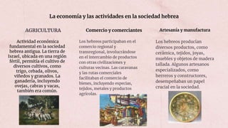 La economía y las actividades en la sociedad hebrea
AGRICULTURA
Actividad económica
fundamental en la sociedad
hebrea antigua. La tierra de
Israel, ubicada en una región
fértil, permitía el cultivo de
diversos cultivos, como
trigo, cebada, olivos,
viñedos y granados. La
ganadería, incluyendo
ovejas, cabras y vacas,
también era común.
Comercio y comerciantes
Los hebreos participaban en el
comercio regional y
transregional, involucrándose
en el intercambio de productos
con otras civilizaciones y
culturas vecinas. Las caravanas
y las rutas comerciales
facilitaban el comercio de
bienes, incluyendo especias,
tejidos, metales y productos
agrícolas.
Artesanía y manufactura
Los hebreos producían
diversos productos, como
cerámica, tejidos, joyas,
muebles y objetos de madera
tallada. Algunos artesanos
especializados, como
herreros y constructores,
desempeñaban un papel
crucial en la sociedad.
 