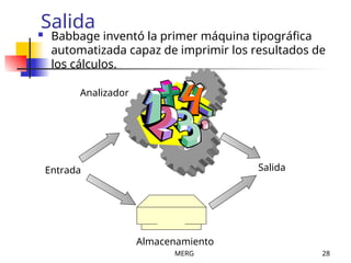 MERG 28
Salida
 Babbage inventó la primer máquina tipográfica
automatizada capaz de imprimir los resultados de
los cálculos.
Entrada Salida
Almacenamiento
Analizador
 