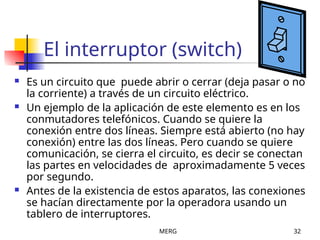 MERG 32
El interruptor (switch)
 Es un circuito que puede abrir o cerrar (deja pasar o no
la corriente) a través de un circuito eléctrico.
 Un ejemplo de la aplicación de este elemento es en los
conmutadores telefónicos. Cuando se quiere la
conexión entre dos líneas. Siempre está abierto (no hay
conexión) entre las dos líneas. Pero cuando se quiere
comunicación, se cierra el circuito, es decir se conectan
las partes en velocidades de aproximadamente 5 veces
por segundo.
 Antes de la existencia de estos aparatos, las conexiones
se hacían directamente por la operadora usando un
tablero de interruptores.
 