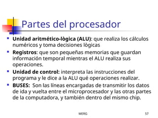 MERG 57
Partes del procesador
 Unidad aritmético-lògica (ALU): que realiza los cálculos
numéricos y toma decisiones lògicas
 Registros: que son pequeñas memorias que guardan
información temporal mientras el ALU realiza sus
operaciones.
 Unidad de control: interpreta las instrucciones del
programa y le dice a la ALU qué operaciones realizar.
 BUSES: Son las líneas encargadas de transmitir los datos
de ida y vuelta entre el microprocesador y las otras partes
de la computadora, y también dentro del mismo chip.
 