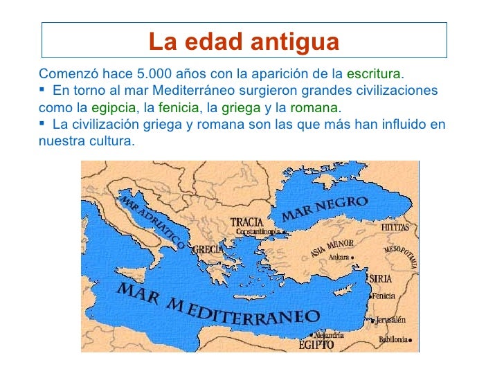 La edad antiguaComenzÃ³ hace 5.000 aÃ±os con la apariciÃ³n de la escritura.ï‚§ En torno al mar MediterrÃ¡neo surgieron grandes c...