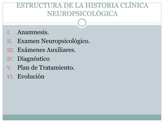 ESTRUCTURA DE LA HISTORIA CLÍNICA
NEUROPSICOLÓGICA
I. Anamnesis.
II. Examen Neuropsicológico.
III. Exámenes Auxiliares.
IV. Diagnóstico
V. Plan de Tratamiento.
VI. Evolución
 