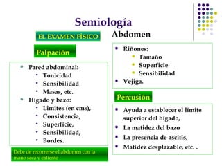Semiología
EL EXAMEN FÍSICO Abdomen
Palpación
Debe de recorrerse el abdomen con la
mano seca y caliente
 Pared abdominal:
 Tonicidad
 Sensibilidad
 Masas, etc.
 Hígado y bazo:
 Limites (en cms),
 Consistencia,
 Superficie,
 Sensibilidad,
 Bordes.
 Ayuda a establecer el límite
superior del hígado,
 La matidez del bazo
 La presencia de ascitis,
 Matidez desplazable, etc. .
Percusión
 Riñones:
 Tamaño
 Superficie
 Sensibilidad
 Vejiga.
 