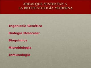 ÁREAS QUE SUSTENTAN A  LA BIOTECNOLOGÍA MODERNA Ingeniería Genética Biología Molecular Bioquímica Microbiología Inmunología 