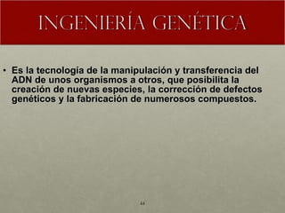 Es la tecnología de la manipulación y transferencia del ADN de unos organismos a otros, que posibilita la creación de nuevas especies, la corrección de defectos genéticos y la fabricación de numerosos compuestos. 