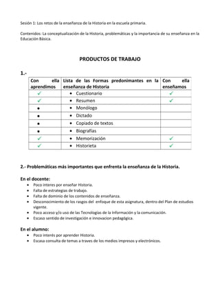 Sesión 1: Los retos de la enseñanza de la Historia en la escuela primaria.
Contenidos: La conceptualización de la Historia, problemáticas y la importancia de su enseñanza en la
Educación Básica.
PRODUCTOS DE TRABAJO
1.-
2.- Problemáticas más importantes que enfrenta la enseñanza de la Historia.
En el docente:
• Poco interes por enseñar Historia.
• Falta de estrategias de trabajo.
• Falta de dominio de los contenidos de enseñanza.
• Desconocimiento de los rasgos del enfoque de esta asignatura, dentro del Plan de estudios
vigente.
• Poco acceso y/o uso de las Tecnologías de la Información y la comunicación.
• Escaso sentido de investigación e innovacion pedagógica.
En el alumno:
• Poco interés por aprender Historia.
• Escasa consulta de temas a traves de los medios impresos y electrónicos.
Con ella
aprendimos
Lista de las Formas predonimantes en la
enseñanza de Historia
Con ella
enseñamos
 • Cuestionario 
 • Resumen 
• • Monólogo
• • Dictado
• • Copiado de textos
• • Biografías
 • Memorización 
 • Historieta 
 