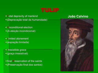 TULIP
Total depravity of mankind
(Depravação total da humanidade)
Unconditional election
(A eleição incondicional)
Limited atonement
(expiação limitada)
Irresistible grace
(graça irresistível)
final Preservation of the saints
(Preservação final dos santos)
João Calvino
 