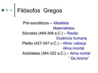 Filósofos Gregos
Pré-socráticos – Idealista
Materialistas
Sócrates (469-399 a.C.) – Razão
Essência humana
Platão (427-347 a.C.) – Alma: cabeça
Alma imortal
Aristóteles (384-322 a.C.) – Alma mortal
“ Da Anima”
 