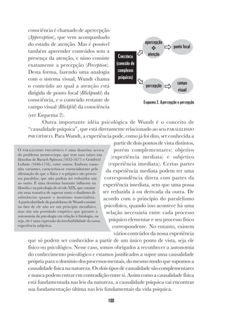 100
consciência é chamado de apercepção
(Apperception), que vem acompanhado
do estado de atenção. Mas é possível
também apreender conteúdos sem a
presença da atenção, e nisso consiste
exatamente a percepção (Perception).
Desta forma, fazendo uma analogia
com o sistema visual, Wundt chama
o conteúdo ao qual a atenção está
dirigida de ponto focal (Blickpunkt) da
consciência, e o conteúdo restante de
campo visual (Blickfeld) da consciência
(ver Esquema 2).
Outra importante idéia psicológica de Wundt é o conceito de
“causalidade psíquica”, que está diretamente relacionado ao seu PARALELISMO
PSICOFÍSICO. Para Wundt, a experiência pode, como já foi dito, ser conhecida a
partir de dois pontos de vista distintos,
porém complementares: objetivo
(experiência mediata) e subjetivo
(experiência imediata). Certas partes
da experiência mediata podem ter uma
correspondência direta com partes da
experiência imediata, sem que uma possa
ser reduzida à ou derivada da outra. De
acordo com o princípio do paralelismo
psicofísico, quando isso acontece há uma
relação necessária entre cada processo
psíquico elementar e seu processo físico
correspondente. No entanto, existem
vários conteúdos da nossa experiência
que só podem ser conhecidos a partir de um único ponto de vista, seja ele
físico ou psicológico. Nesse caso, somos obrigados a reconhecer a autonomia
do conhecimento psicológico e estamos justificados a supor uma causalidade
própria para o domínio dos processos mentais, do mesmo modo que supomos a
causalidade física na natureza. Os dois tipos de causalidade são complementares
e nunca podem entrar em contradição entre si. Assim como a causalidade física
está fundamentada nas leis da natureza, a causalidade psíquica vai encontrar
sua fundamentação última nas leis fundamentais da vida psíquica.
O PARALELISMO PSICOFÍSICO é uma doutrina acerca
do problema mente-corpo, que tem suas raízes nas
filosofias de Baruch Spinoza (1632-1677) e Gottfried
Leibniz (1646-1716), entre outros. Embora conte-
nha variantes, caracteriza-se essencialmente pela
afirmação de que o físico e o psíquico são proces-
sos paralelos, que não podem ser reduzidos um
ao outro. É uma doutrina bastante influente na
filosofia e na psicologia do século XIX, que consiste
em uma tentativa de superar tanto o dualismo de
substâncias quanto o monismo materialista.
A particularidade do paralelismo de Wundt consiste
no fato de ele não ser um princípio metafísico,
mas sim um postulado empírico que garante a
autonomia da psicologia em relação à fisiologia, ou
seja, ele é uma expressão da irredutibilidade da nossa
experiência subjetiva.
CONSCIÊNCIA
(conexão de
complexos
psíquicos)
apercepção
✜
atenção
percepção
ponto focal
campo
visual
ˆ
Ô
Ô
ˆ
Esquema 2. Apercepção e percepção
 