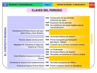 ELCONTEXTOMUNDIAL
ESPAÑA
Introducción de las primeras
máquinas de vapor
Se establecen las bases legales para la
industrialización
Primer transporte por ferrocarril:
Barcelona - Mataró
Creación de la primera compañía naviera
Revueltas campesinas en Utrera y Arahal
1832
1834
1836
1856
1854
1844
1848
Comienza la Primera Guerra del opio
entre China y Gran Bretaña
1839
1857
La Vicalvarada
Se funda el Banco de Isabel II
1852
Se funda el Banco de España
Unidad
8 Ruralismo e industrialización Imagen 1 HISTORIA DE ESPAÑA - 2º BACHILLERATO
Napoleón III: Comienza el Segundo
Imperio en Francia
1858
1861Comienza la Guerra Civil norteamericana
Tercera oleada revolucionaria
Revuelta campesina en Millina
Supresión de los gremios
1865Final de la Guerra Civil en EEUU Primer congreso obrero en Barcelona
Gran Bretaña incorpora la India a su
imperio
CLAVES DEL PERIODO
 