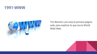 1991-WWW
Tim Berners Lee crea la primera página
web, para explicar lo que era la World
Wide Web.
 