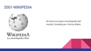 2001-WIKIPEDIA
Se lanza la mayor enciclopedia del
mundo, fundada por Jimmy Wales.
 