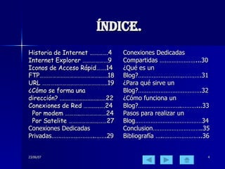 Índice. Historia de Internet ………….4 Internet Explorer ………………9 Iconos de Acceso Rápid…….14 FTP……………………………………..….18 URL ………..……………………………..19 ¿Cómo se forma una dirección? ..............................22 Conexiones de Red …….….….24 Por modem ………..………………24 Por Satelite ………………………27 Conexiones Dedicadas Privadas…………………….…….29 Conexiones Dedicadas Compartidas …………………...30 ¿Qué es un Blog?……………………………….31 ¿Para qué sirve un Blog?……………………………….32 ¿Cómo funciona un Blog?…………………….………...33 Pasos para realizar un Blog…………………………………34 Conclusion………………………..35 Bibliografía ….…………………..36 