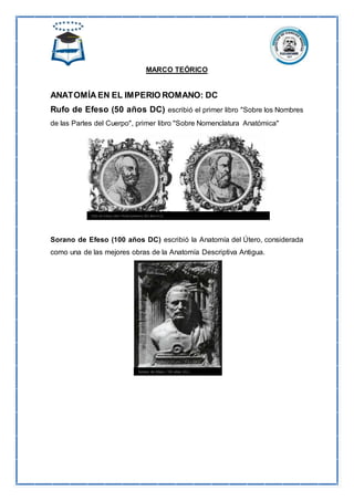MARCO TEÓRICO
ANATOMÍA EN EL IMPERIO ROMANO: DC
Rufo de Efeso (50 años DC) escribió el primer libro "Sobre los Nombres
de las Partes del Cuerpo", primer libro "Sobre Nomenclatura Anatómica"
Sorano de Efeso (100 años DC) escribió la Anatomía del Útero, considerada
como una de las mejores obras de la Anatomía Descriptiva Antigua.
 