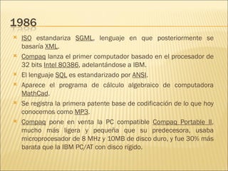 ISO  estandariza  SGML , lenguaje en que posteriormente se basaría  XML .  Compaq  lanza el primer computador basado en el procesador de 32 bits  Intel 80386 , adelantándose a IBM.  El lenguaje  SQL  es estandarizado por  ANSI .  Aparece el programa de cálculo algebraico de computadora  MathCad .  Se registra la primera patente base de codificación de lo que hoy conocemos como  MP3 .  Compaq  pone en venta la PC compatible  Compaq Portable II , mucho más ligera y pequeña que su predecesora, usaba microprocesador de 8 MHz y 10MB de disco duro, y fue 30% más barata que la IBM PC/AT con disco rígido.  