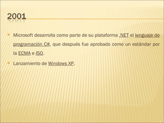 Microsoft desarrolla como parte de su plataforma  .NET  el  lenguaje de programación C# , que después fue aprobado como un estándar por la  ECMA  e  ISO .  Lanzamiento de  Windows XP .  