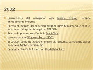 Lanzamiento del navegador web  Mozilla Firefox , llamado primeramente Phoenix.  Puesta en marcha del supercomputador  Earth Simulator  que sería el ordenador más potente según el TOP500.  Se crea la primera versión de la  MediaWiki .  Lanzamiento de  Windows Server 2003 .  El código fuente de  Adobe Premiere  es reescrito, cambiando así su nombre a  Adobe Premiere Pro .  Compaq  enfrenta la fusión con  Hewlett-Packard .  