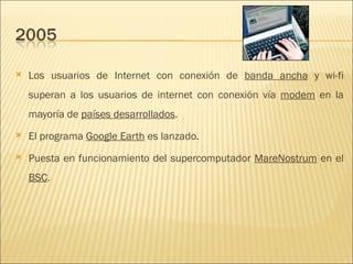 Los usuarios de Internet con conexión de  banda ancha  y wi-fi superan a los usuarios de internet con conexión vía  modem  en la mayoría de  países desarrollados .  El programa  Google Earth  es lanzado.  Puesta en funcionamiento del supercomputador  MareNostrum  en el  BSC .  