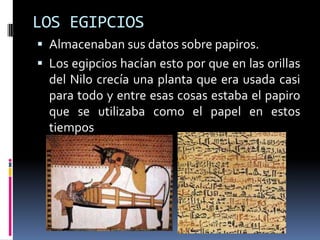LOS EGIPCIOS
 Almacenaban sus datos sobre papiros.
 Los egipcios hacían esto por que en las orillas
  del Nilo crecía una planta que era usada casi
  para todo y entre esas cosas estaba el papiro
  que se utilizaba como el papel en estos
  tiempos
 