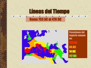 Líneas del Tiempo Roma 753 AC al 476 DC Posesiones del Imperio romano en: 133 AC   44 AC   14 DC 117 DC 