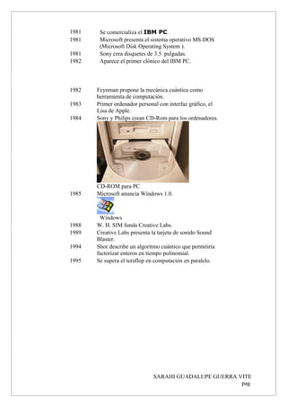 1981 Se comercializa el IBM PC.
1981 Microsoft presenta el sistema operativo MS-DOS
(Microsoft Disk Operating System ).
1981 Sony crea disquetes de 3.5 pulgadas.
1982 Aparece el primer clónico del IBM PC.
1982 Feynman propone la mecánica cuántica como
herramienta de computación.
1983 Primer ordenador personal con interfaz gráfico, el
Lisa de Apple.
1984 Sony y Philips crean CD-Rom para los ordenadores.
CD-ROM para PC
1985 Microsoft anuncia Windows 1.0.
Windows
1988 W. H. SIM funda Creative Labs.
1989 Creative Labs presenta la tarjeta de sonido Sound
Blaster.
1994 Shor describe un algoritmo cuántico que permitiría
factorizar enteros en tiempo polinomial.
1995 Se supera el teraflop en computación en paralelo.
SARAHI GUADALUPE GUERRA VITE
pag
 