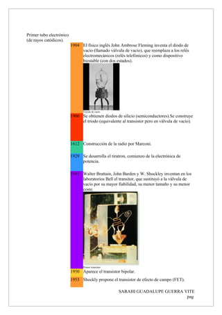 Primer tubo electrónico
(de rayos catódicos).
1904 El físico inglés John Ambrose Fleming inventa el diodo de
vacío (llamado válvula de vacío), que reemplaza a los relés
electromecánicos (relés telefónicos) y como dispositivo
biestable (con dos estados).
Vávula de vacío
1906 Se obtienen diodos de silicio (semiconductores).Se construye
el triodo (equivalente al transistor pero en válvula de vacío).
1612 Construcción de la radio por Marconi.
1929 Se desarrolla el tiratron, comienzo de la electrónica de
potencia.
1947 Walter Brattain, John Barden y W. Shockley inventan en los
laboratorios Bell el transitor, que sustituyó a la válvula de
vacío por su mayor fiabilidad, su menor tamaño y su menor
coste.
Primer transistor
1950 Aparece el transistor bipolar.
1953 Shockly propone el transistor de efecto de campo (FET).
SARAHI GUADALUPE GUERRA VITE
pag
 