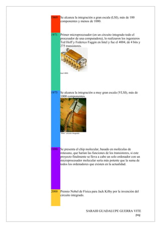 1969 Se alcanza la integración a gran escala (LSI), más de 100
componentes y menos de 1000.
1971 Primer microprocesador (en un circuito integrado todo el
procesador de una computadora), lo realizaron los ingenieros
Ted Hoff y Federico Faggin en Intel y fue el 4004, de 4 bits y
275 transistores.
Intel 4004
1975 Se alcanza la integración a muy gran escala (VLSI), más de
1000 componentes.
"Mini" circuito integrado
1999 Se presenta el chip molecular, basado en moléculas de
rotaxano, que harían las funciones de los transistores, si este
proyecto finalmente se lleva a cabo un solo ordenador con un
microprocesador molecular sería más potente que la suma de
todos los ordenadores que existen en la actualidad.
2000 Premio Nobel de Física para Jack Kilby por la invención del
circuito integrado.
SARAHI GUADALUPE GUERRA VITE
pag
 