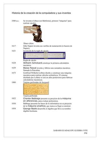 Historia de la creación de la computadora y sus inventos
3500 a.c. Se inventa el ábaco (en Babilonia), primera "máquina" para
realizar cáculos.
Ábaco chino
1617 John Napier inventa sus varillas de numeración (o huesos de
Napier).
1621 Invención de la regla de cáculo.
Regla de cáculo
1624 Wilhelm Schickard construye la primera calculadora
mecánica.
1639 Blaise Pascal inventa y fabrica una sumadora mecánica
llamada la Pascalina.
1673 Gottfried Wilhelm Leibniz diseña y construye una máquina
mecánica para realizar cálculos aritméticos. El sistema
diseñado por Leibniz se usó en años posteriores para fabricar
calculadoras mecánicas.
1800 Tarjetas perforadas de Jacquard.
Tarjeta perforada
1822 Charles Babbage presenta su proyecto de la máquina
en diferencias, para evaluar polinomios.
1830 Babbage presenta las bases de la informática en su proyecto
de la máquina analítica, que nunca se llegó a construir.
1854 George Boole desarrolla el álgebra que lleva su nombre:
álgebra booleana.
SARAHI GUADALUPE GUERRA VITE
pag
 
