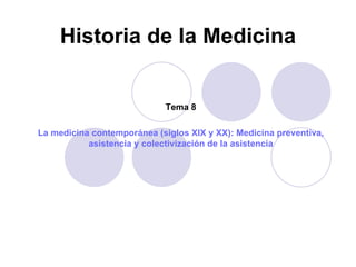 Historia de la Medicina Tema 8 La medicina contemporánea (siglos XIX y XX): Medicina preventiva, asistencia y colectivización de la asistencia 