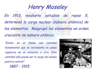 Henry Moseley 1887 - 1915 En 1913, mediante estudios de rayos X, determinó la carga nuclear (número atómico) de los elementos.  Reagrupó los elementos en orden creciente de número atómico. “ Existe en el átomo una cantidad fundamental que se incrementa en pasos regulares de un elemento a otro. Esta cantidad sólo puede ser la carga del núcleo positivo central” 