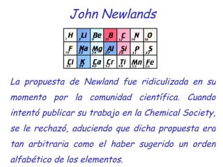 John Newlands La propuesta de Newland fue ridiculizada en su momento por la comunidad científica. Cuando intentó publicar su trabajo en la Chemical Society, se le rechazó, aduciendo que dicha propuesta era tan arbitraria como el haber sugerido un orden alfabético de los elementos.  
