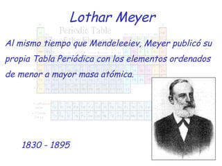 Lothar Meyer 1830 - 1895 Al mismo tiempo que Mendeleeiev, Meyer publicó su propia Tabla Periódica con los elementos ordenados de menor a mayor masa atómica. 