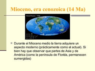 Mioceno, era cenozoica (14 Ma) Durante el Mioceno medio la tierra adquiere un aspecto moderno (prácticamente como el actual). Si bien hay que observar que partes de Asia y de América (como la península de Florida, permanecen sumergidas) 