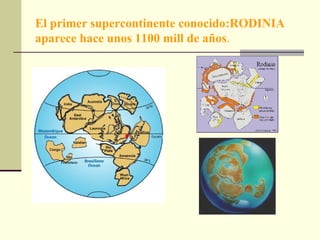 El primer supercontinente conocido:RODINIA aparece hace unos 1100 mill de años . 