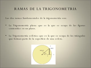 RAMAS DE LA TRIGONOMETRIA Las dos ramas fundamentales de la trigonometría son: La Trigonometría plana: que es la que se ocupa de las figuras contenidas en un plano. La Trigonometría esférica: que es la que se ocupa de los triángulos que forman parte de la superficie de una esfera. 