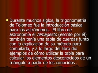Durante muchos siglos, la trigonometría de Tolomeo fue la introducción básica para los astrónomos.  El libro de astronomía el  Almagesto  (escrito por él) también tenía una tabla de cuerdas junto con la explicación de su método para compilarla, y a lo largo del libro dio ejemplos de cómo utilizar la tabla para calcular los elementos desconocidos de un triángulo a partir de los conocidos . 