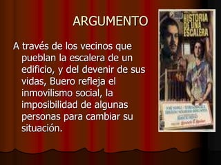 ARGUMENTO
A través de los vecinos que
pueblan la escalera de un
edificio, y del devenir de sus
vidas, Buero refleja el
inmovilismo social, la
imposibilidad de algunas
personas para cambiar su
situación.
 