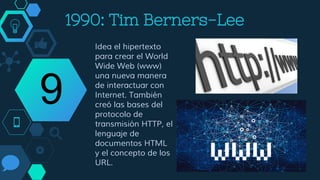 1990: Tim Berners-Lee
Idea el hipertexto
para crear el World
Wide Web (www)
una nueva manera
de interactuar con
Internet. También
creó las bases del
protocolo de
transmisión HTTP, el
lenguaje de
documentos HTML
y el concepto de los
URL.
9
 