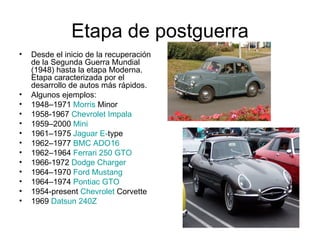 Etapa de postguerra Desde el inicio de la recuperación de la Segunda Guerra Mundial (1948) hasta la etapa Moderna. Etapa caracterizada por el desarrollo de autos más rápidos. Algunos ejemplos: 1948–1971  Morris  Minor   1958-1967  Chevrolet Impala   1959–2000  Mini   1961–1975  Jaguar E- type   1962–1977  BMC ADO16   1962–1964  Ferrari 250 GTO   1966-1972  Dodge   Charger   1964–1970  Ford Mustang   1964–1974  Pontiac GTO   1954-present  Chevrolet  Corvette   1969  Datsun 240Z   