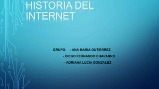 HISTORIA DEL
INTERNET
GRUPO: - ANA MARIA GUTIERREZ
- DIEGO FERNANDO CHAPARRO
- ADRIANA LUCIA GONZALEZ
 