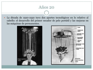 Años 20

 La década de 1920-1930 tuvo dos aportes tecnológicos en lo relativo al
  cabello: el desarrollo del primer seca...